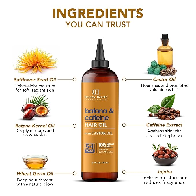 Botanic Hearth Caffeine & Batana Oil For Hair Growth (6.7 fl oz)| Infused with Caffeine, Batana Oil | Hair Oil Repairs Dry Damaged Hair, Strengthening, Moisturizing, Healthier Hair
