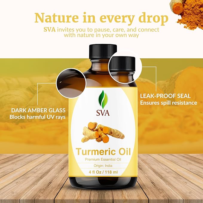 SVA Turmeric Essential Oil – 4 Fl Oz – 100% Natural Turmeric Oil - for Diffuser, Hair Care, Face, Skin Care, Aromatherapy, Scalp and Body Massage, Soap and Candle Making – with Dropper