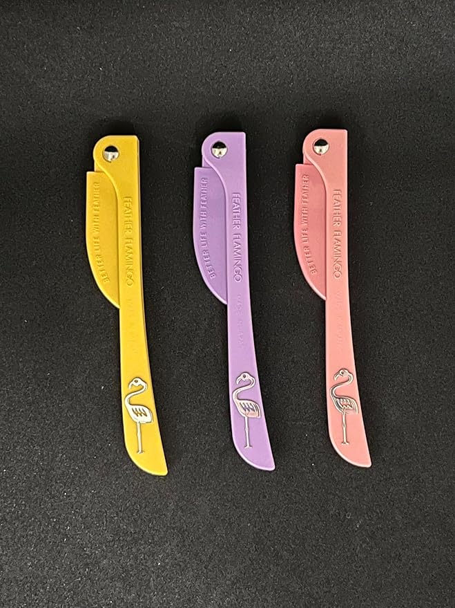Feather Flamingo Facial Touch Up Stainless Steel Razor for Eyebrow and Face Hair Removal - 3 Pack | Foldable and Long-Lasting
