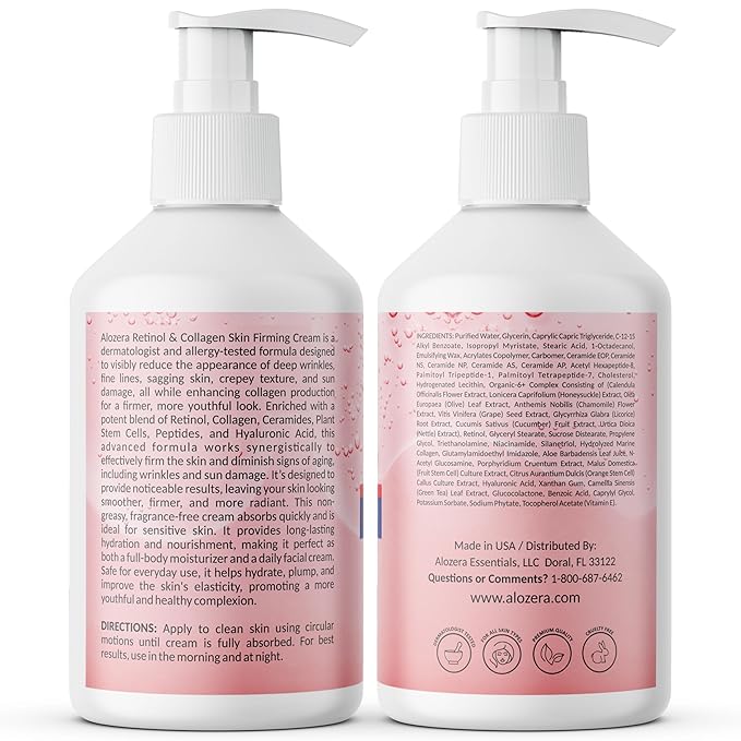 Skin Firming Retinol Collagen Body Lotion with Stem Cells for Aging Skin and Wrinkles, Non-Greasy, Lightweight Moisturizer, Fragrance-Free, 2-Pack 16.9 fl oz