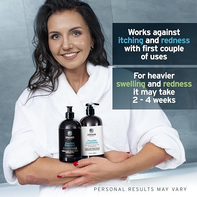 Psoriasis Shampoo and Conditioner Set - Peat Mud Therapy for Red & Itchy Scalp with Tea Tree Oil, No Coal Tar. For Both Men and Women. 2 x 13.5 Oz