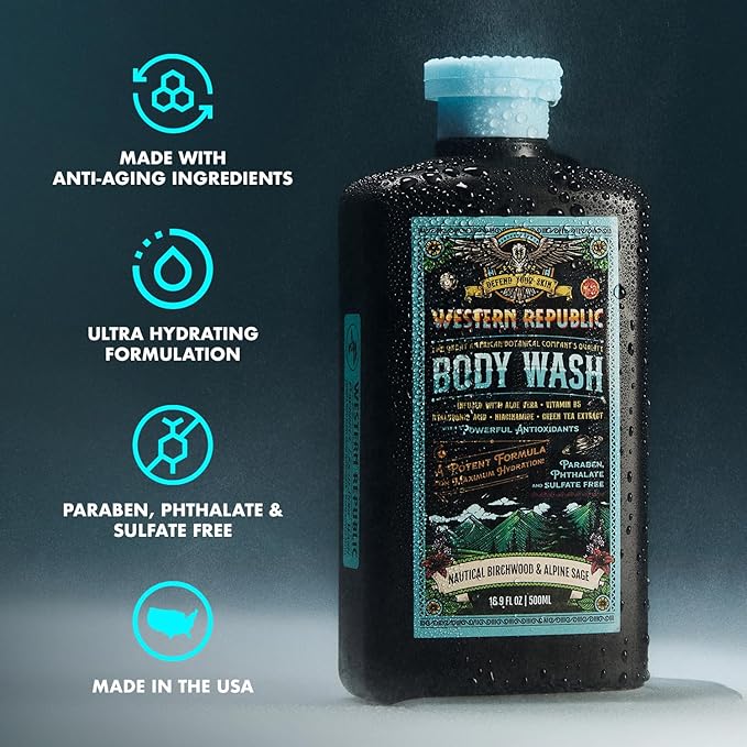Men's Body Wash | Nautical Birchwood & Alpine Sage Scent and | Hydrating & Anti-Aging Formula with Aloe, Niacinamide & Hyaluronic Acid (2 Pack) | Made in USA