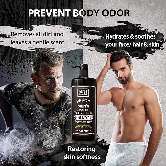 Dead Sea Collection Mens Body Wash 3 in 1 – Amber Wood Body Wash for Men – Shower Gel – Shampoo – Shower Soap for Face and Hair (33.8 Fl. Oz)