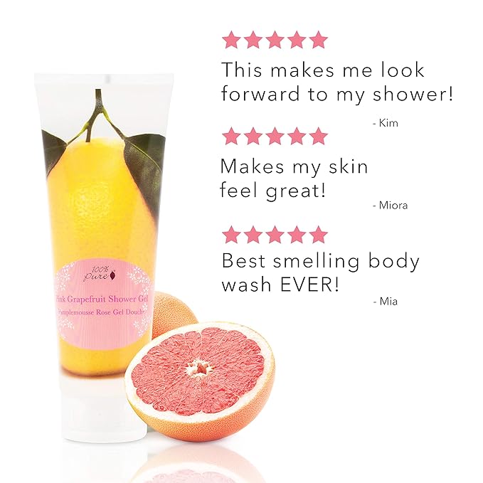 100% PURE Pink Grapefruit Shower Gel Natural Foaming & Hydrating Body Wash - Deeply Moisturizing Gentle Soap Cleanser for All Skin Types, Even Sensitive - Gluten-Free - 8 Fl Oz