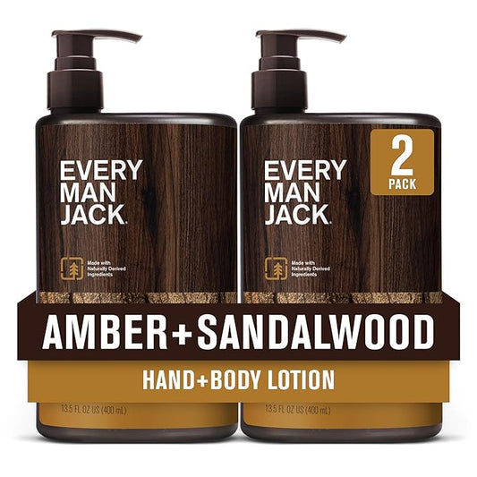 Every Man Jack Mens Amber + Sandalwood Hand & Body Lotion for All Skin Types - Dermatologist Tested & Hypoallergenic - Nourish Skin with Lightweight Fast Absorbing Lotion - 13.5oz 2 Bottles