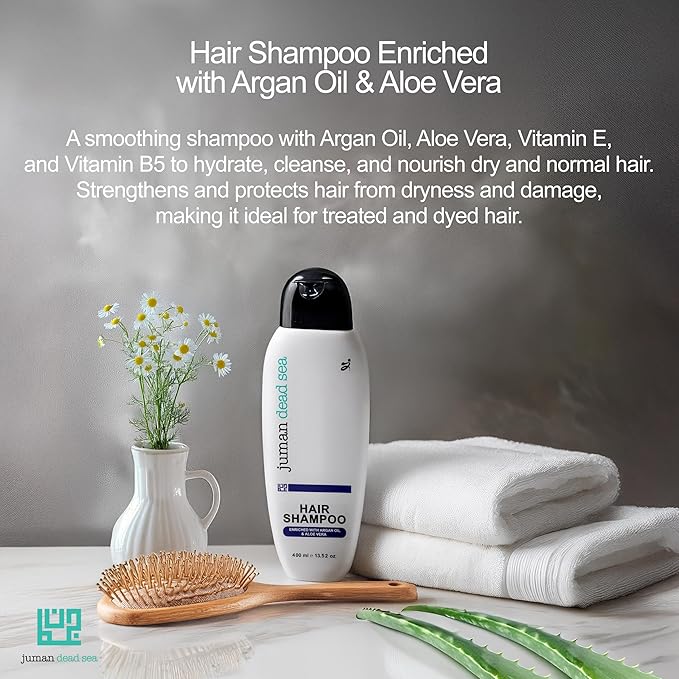 Juman Dead Sea Hydrating Shampoo with Essential Argan Oil | Aloe Vera, Vitamin E, & Vitamin B5 Infused Hair Shampoo | Hydrates, Restores & Protects | For Dry & Normal Hair | SLS & Paraben Free