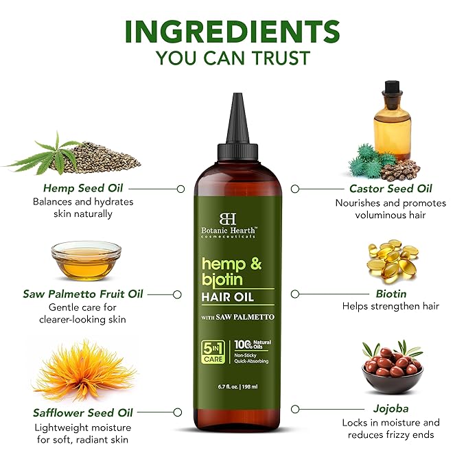 Botanic Hearth Hemp & Biotin Hair Oil (6.7 Fl Oz) | Nourishing And Strengthening Hair Treatment For Thicker, Healthier|Looking Hair | Paraben Free | Suitable For All Hair Types