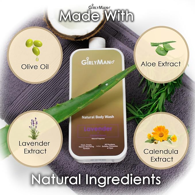 GirlyMan Natural Body Wash - Made with Olive Oil & Aloe Extract, No Artificial Fragrance, PH Balanced, Gentle Formula, Nourishing Ingredients, Family Owned (Lavender)