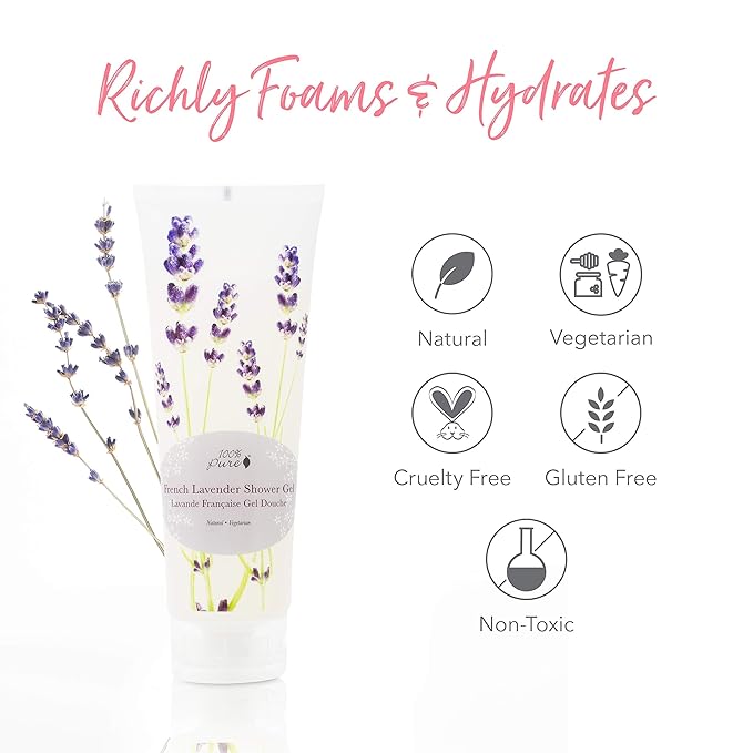 100% PURE French Lavender Shower Gel Natural Foaming & Hydrating Body Wash - Deeply Moisturizing Gentle Soap Cleanser for All Skin Types, Even Sensitive - Gluten-Free - 8 Fl Oz