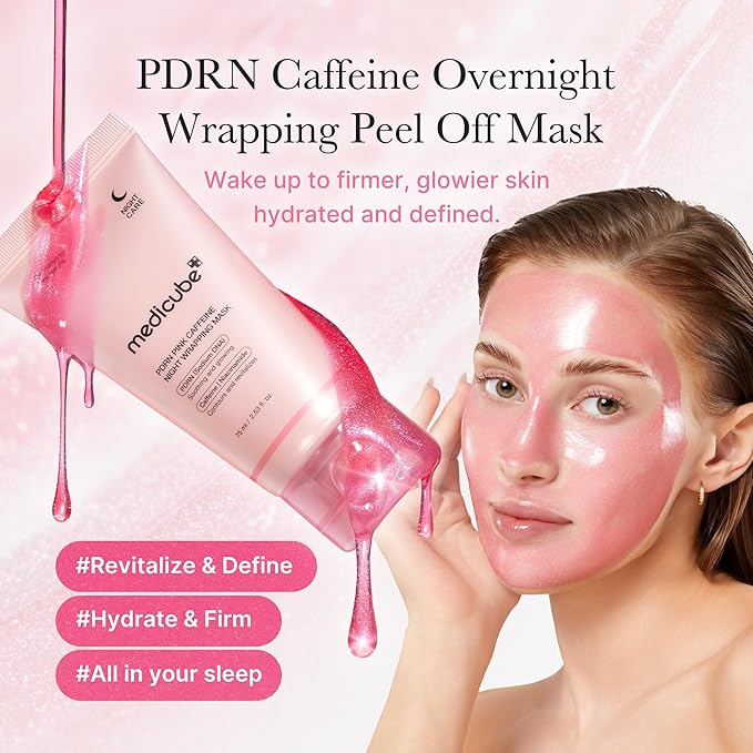 medicube Pink Glow Wrapping Mask Duo: Collagen Overnight Wrapping Peel Off Facial Mask Pack and PDRN Caffeine Overnight Wrapping Peel Off Facial Mask and brush