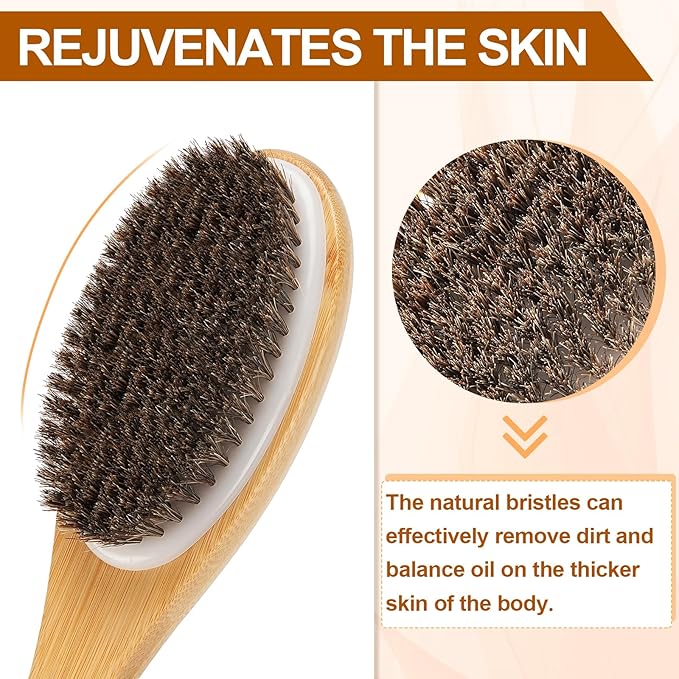 Bamboo Shower Brush with Curved Long Handle, 16.7 Inches Exfoliating Back Scrubber with Natural Bristles for Men & Women, Back Exfoliator Body Washer for Bath or Dry Brushing