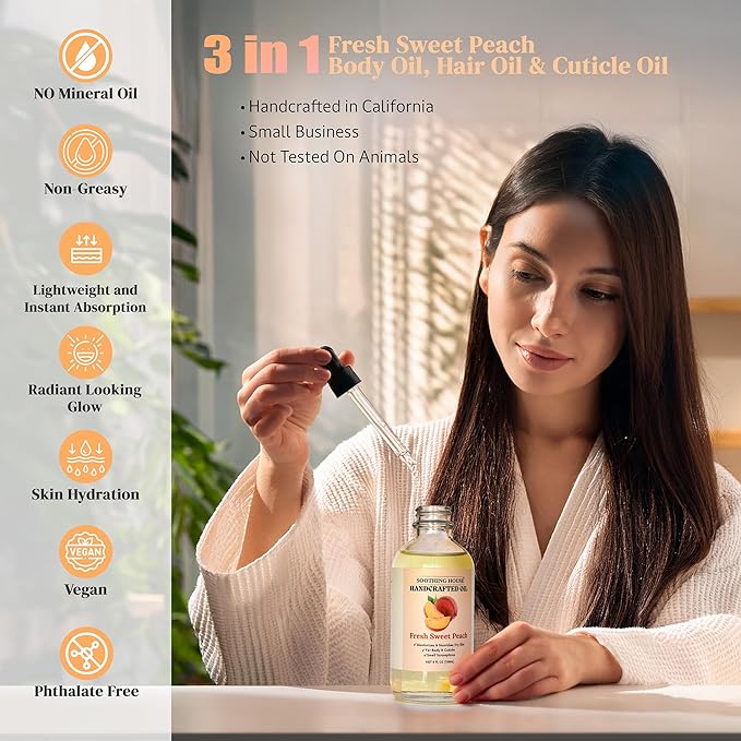 Fresh Sweet Peach Body Oil - Moisturizing Sweet Body Oil for Soft, Glowing Skin with Almond & Jojoba Oil (4 fl oz)