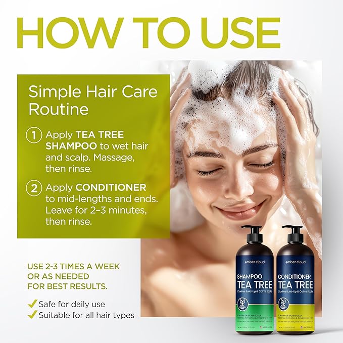 Tea Tree Rosemary Shampoo and Conditioner Set with Castor Oil for All Hair Types - Effective Cleanse and Supports Scalp Health for Women & Men Paraben & Sulfate Free (16 Oz Each)