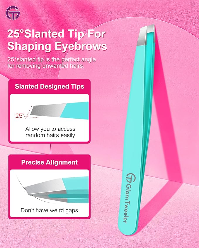 Expert Eyebrow Hair Removal Tweezer with Leather Case, GlamTweeler High Precision Slant Tip Stainless Steel Tweezers for Men and Women (Robin's Egg Blue)
