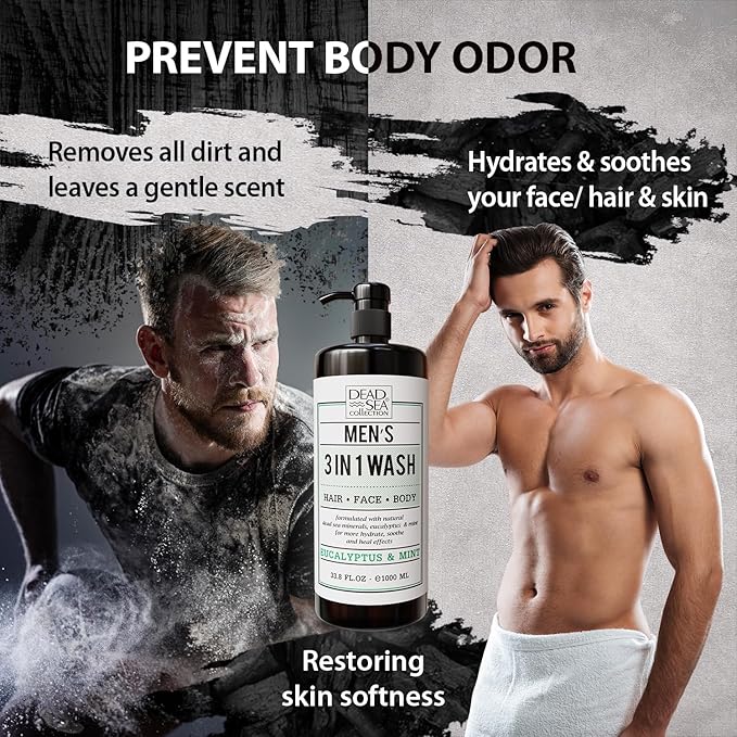 Dead Sea Collection Mens Body Wash 3 in 1 – Eucalyptus Body Wash for Men – Shower Gel – Shampoo – Shower Soap for Face and Hair (33.8 Fl. Oz)