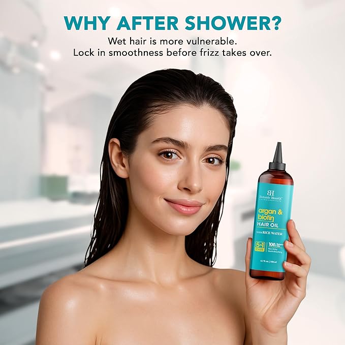 Botanic Hearth Argan & Biotin Oil to Tame Frizz and Add Shine (6.7 fl oz)| Infused with Biotin, Argan Oil | Hair Oil Repairs Dry Damaged Hair, Strengthening, Moisturizing, Healthier Hair