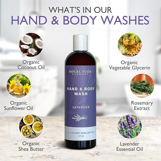 SoCal Suds & Company Organic Shea Butter Body Wash – Lavender Liquid Soap for Hand & Body, Moisturizing Shower Gel, Daily Body Wash for Women, Men & Unisex, Gentle Skin Care & Protection - (12oz)