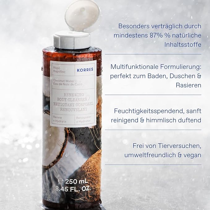 KORRES Cleanse + Hydrate Shower Gel, Mountain Pepper Bergamot & Coriander Fragrance, Foaming Body Wash with Aloe Vera & Wheat Proteins, Maintains Skin’s Natural Moisture for a Supple Feel, 8.45 Fl Oz