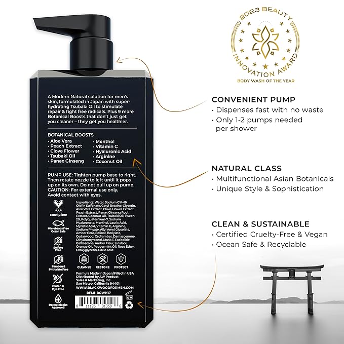 Blackwood For Men Pure Moisture Body Wash - Infused with Ginseng & Menthol - Natural Cleanser for Dry or Sensitive Skin - Ideal for Workout Recovery - Sulfate Free, Dye Free & Vegan (17 oz)