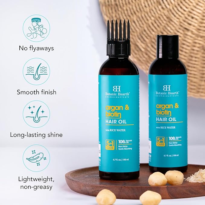 Botanic Hearth Argan & Biotin Oil to Tame Frizz and Add Shine (6.7 fl oz)| Infused with Biotin, Argan Oil | Hair Oil Repairs Dry Damaged Hair, Strengthening, Moisturizing, Healthier Hair