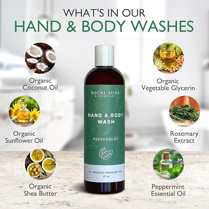 SoCal Suds & Company Hand & Body Wash Organic Shea Butter - Peppermint Scent - Liquid Soap - Daily Body Wash for Men and Women - Moisturizing Ingredients - Gentle Shower Gel - Non-Drying - 12oz