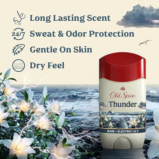 Old Spice Dry Feel Antiperspirant Deodorant for Men, 24/7 Long Lasting Freshness, 24/7 Lasting Sweat & Odor Protection, Gentle on Skin with Skin Conditioners, Thunder Rain + Electric LilyScent, 2.6 oz