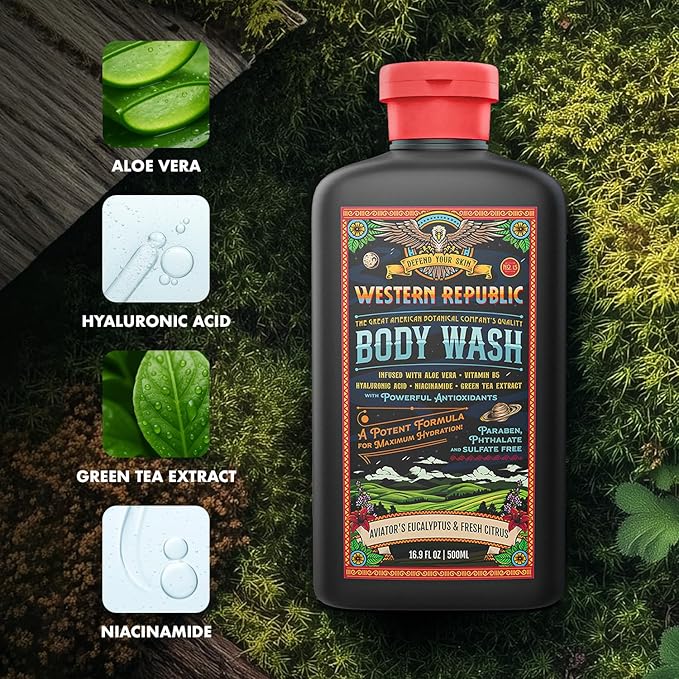 Men's Body Wash | Aviator's Eucalyptus & Fresh Citrus Scent | Hydrating & Anti-Aging Formula with Aloe, Niacinamide & Hyaluronic Acid (2 Pack) | Made in USA