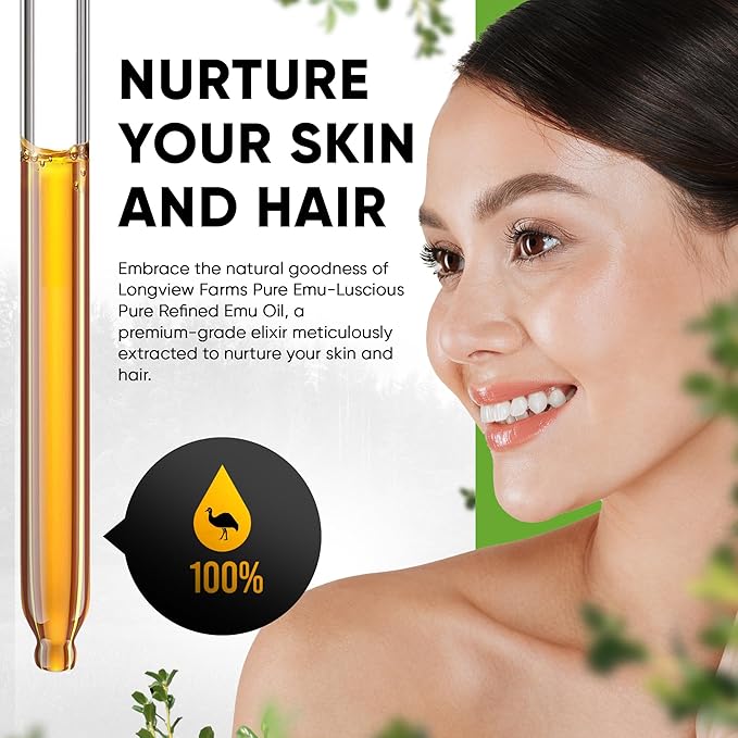 Longview Farms® Emu Oil - Hair and Body - 100% Pure & Refined Emu Oil for Skin & Hair Care | Premium Quality Hydration & Nourishment | 2 Fl. Oz