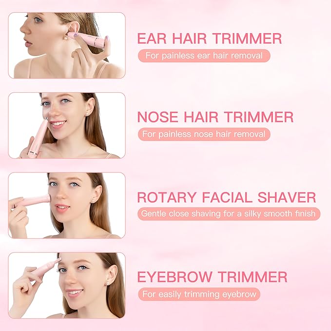 Nose Hair Trimmer for Women, 3in1 Electric Eyebrow Trimmer Waterproof Facial Hair Removal Rechargeable Hair Shaver Razor for Nose Ear Eyebrow Peach-Fuzz Lips Chin FT3001 Pink