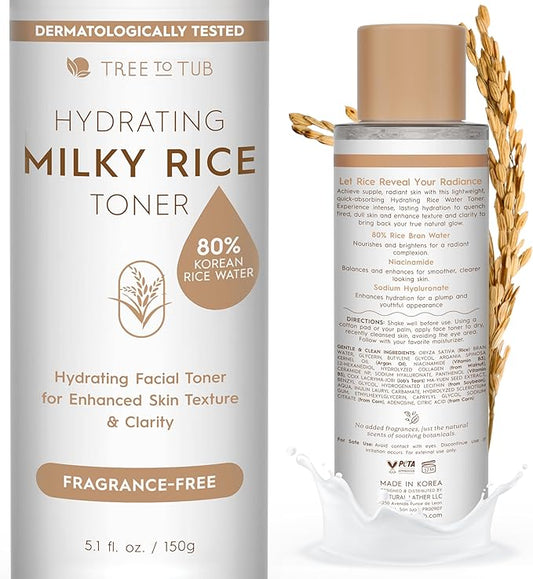 Tree To Tub Rice Toner Korean Formula for Face to Enhance Skin’s Natural Glow w/Ceramide NP & Niacinamide - 80% Rice Bran Water Hydrating Toner for Dry, Dehydrated Skin