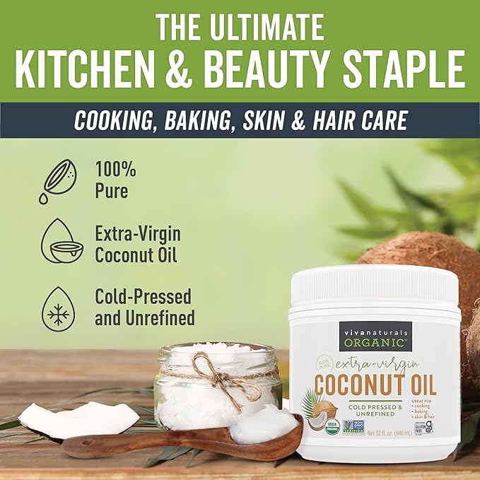 Viva Naturals Organic Coconut Oil - Unrefined and Cold-Pressed, Natural Hair Oil, Skin Oil and Cooking Oil with Fresh Flavor, Non-GMO Extra Virgin Coconut Oil (Aceite de Coco), USDA Organic, 32 Fl Oz (Pack of 1)