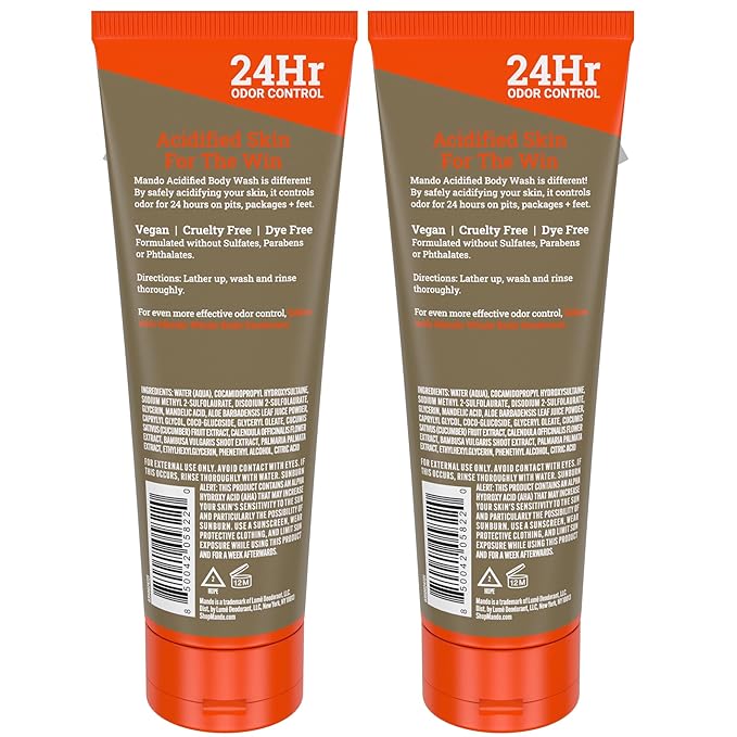 Mando Odor Shield Body Wash - 24 Hour Control - Removes Odor Better than Soap - SLS Free, Paraben Free, Skin Safe - 8.5 Ounce (Pack of 2) (Unscented)