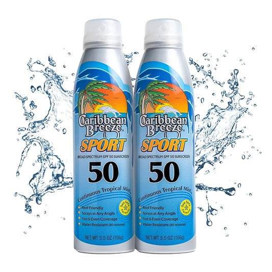 Caribbean Breeze Continuous Tropical Mist SPF 50 Sunscreen Spray Sport, Reef Safe Sunscreen, Up to 80 Minutes Water Resistant, 5.5 Ounces, 2 Pack