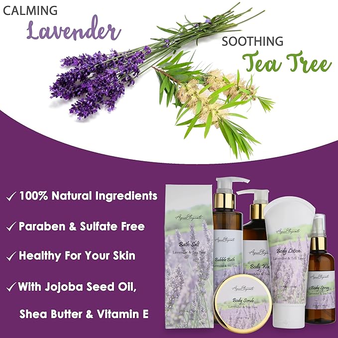 Spa Gift Baskets For Women - Luxury Bath Set With Lavender & Tea Tree Oil - Spa Kit Includes Body Wash, Bubble Bath, Lotion, Bath Salts, Body Scrub, Body Spray, Shower Puff, and Towel