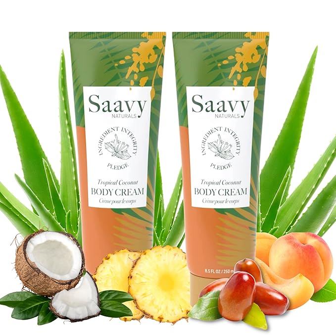Saavy Naturals Body Cream Clean,Plant Based Ingredients - Made in USA, 2 Pack Tropical Coconut with Absorbent Shea Butter Vegan, Thick and Creamy, Naturally Scented Body Lotion for Dry Skin, 8.5 Oz.
