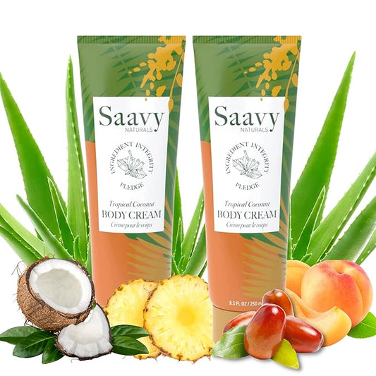 Saavy Naturals Body Cream Clean,Plant Based Ingredients - Made in USA, 2 Pack Tropical Coconut with Absorbent Shea Butter Vegan, Thick and Creamy, Naturally Scented Body Lotion for Dry Skin, 8.5 Oz.