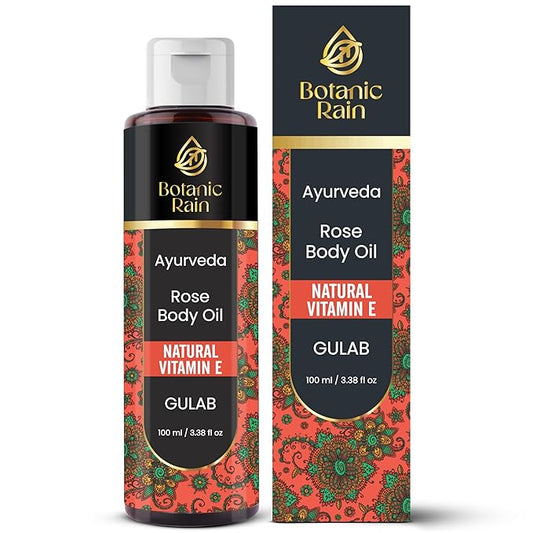 Ayurveda Rose Body Oil, Moisturizing & Hydrating Organic Vitamin E Oil, Body Oils For Women After Shower, Ayurveda Products For Crepey Skin Repair - 3.38 Fl Oz