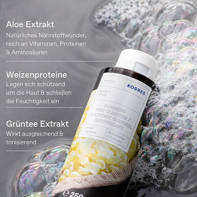 KORRES Cleanse + Hydrate Shower Gel, Mountain Pepper Bergamot & Coriander Fragrance, Foaming Body Wash with Aloe Vera & Wheat Proteins, Maintains Skin’s Natural Moisture for a Supple Feel, 8.45 Fl Oz