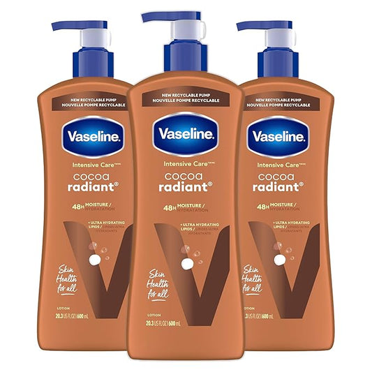 Vaseline Intensive Care Body Lotion Cocoa Radiant 3 count for Dry Skin Lotion Made with Ultra-Hydrating Lipids and Pure Cocoa Butter for a Long-Lasting, Radiant Glow 20.3 Oz