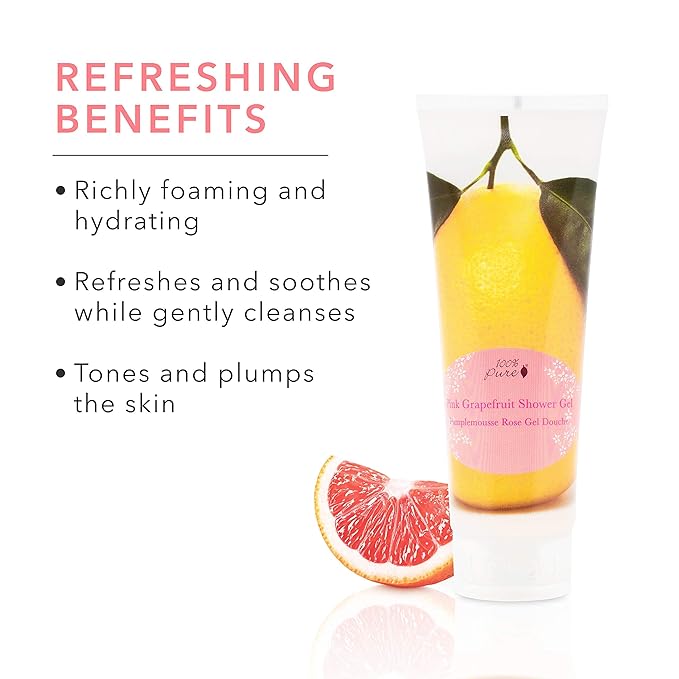 100% PURE Pink Grapefruit Shower Gel Natural Foaming & Hydrating Body Wash - Deeply Moisturizing Gentle Soap Cleanser for All Skin Types, Even Sensitive - Gluten-Free - 8 Fl Oz