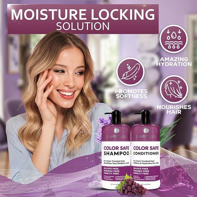 Color Safe Shampoo and Conditioner Set - For Protecting Dyed and Treated Hair Against Fading - Sulfate and Paraben Free, Anti Fade, Moisturizing Care Products to Protect Women and Men - With Rosemary