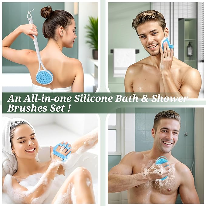 Silicone Back Body Face Scrubbers Set 4PCS, 15.35’’ Back Scrubber Soft Body Scrubber for Dual-Side Usage, Easy-to-Hold Soft Bath Glove & Face Scrubber for Good Foaming Deep Cleaning(Blue)