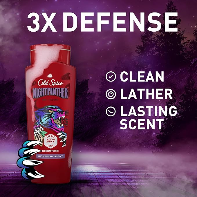 Old Spice Cleansing Body Wash for Men, 3X Defense, 24/7 Shower Fresh with Lasting Scent, 2-in-1 Body & Face Wash, NightPanther with Rich Warm Scent, 24 oz (Pack of 4)