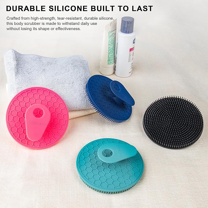 INNERNEED Food Grade Silicone Body Scrubber Gentle Exfoliating Brush for Women Men Deep Clean for All Skin Types, More Hygienic and Well Lather (Black+Dark Green+Pink)