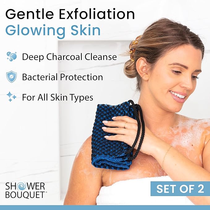 Japanese Exfoliating Washcloth for Back & Body 2-Pack - Charcoal & Silver Ion Exfoliating Towel with Handles - Two-Sided Gentle Exfoliation & Deep Cleanse Body Wash Cloths for Shower - 1 White, 1 Blue