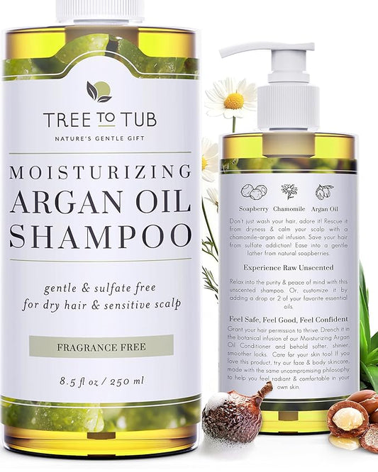 Tree to Tub Fragrance Free Shampoo for Dry & Sensitive Scalp - Gentle Unscented Hydrating Hair Shampoo for Women & Men, Moisturizing Sulfate Free Shampoo w/Organic Argan Oil, All Natural Soapberry