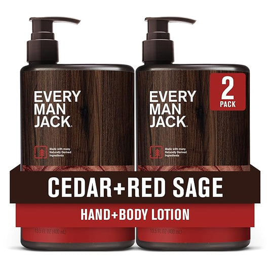 Every Man Jack Mens Cedar+ Red Sage Hand & Body Lotion for All Skin Types - Dermatologist Tested & Hypoallergenic - Nourish Skin with Lightweight Fast Absorbing Lotion - 13.5oz (2 Pack)