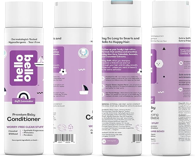 Hello Bello Soft Lavender Conditioner | Hypoallergenic, pH-Balanced & Dermatologist-Tested, Plant Based Formula for Babies and Kids | 10 FL Oz