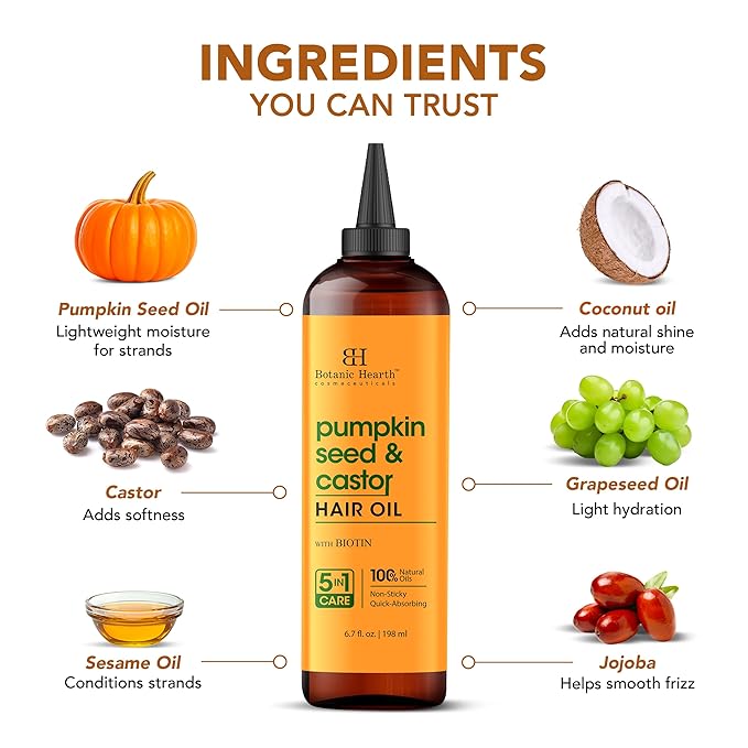 Botanic Hearth Pumpkin Seed & Castor Oil For Hair Growth (6.7 fl oz)| Infused with Pumpkin Seed, Castor, Biotin | Hair Oil Repairs Dry Damaged Hair, Strengthening, Moisturizing, Healthier Hair