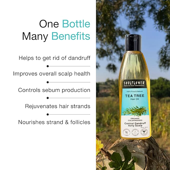 Soulflower Tea Tree Hair Oil for Dandruff & Hair Loss Control, Scalp Treatment - 100% Pure, Organic, Natural, Coldpressed, Vegan - 225 ml